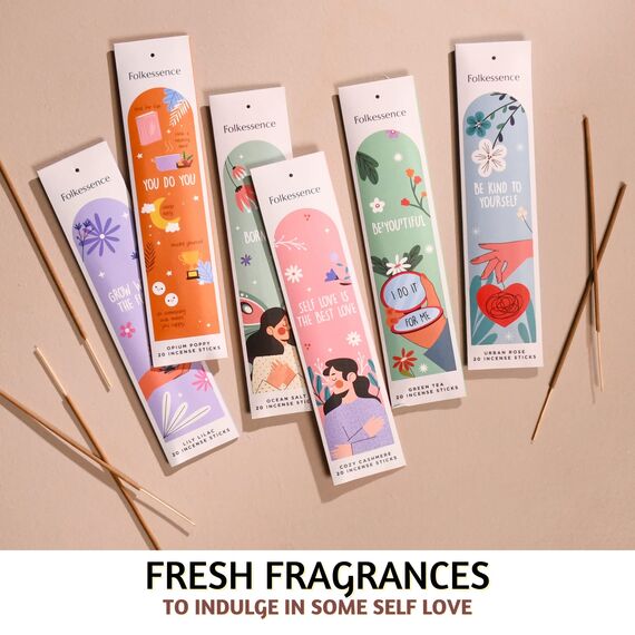 Folkulture Incense Sticks for Home | 6er-Set (120 Räucherstäbchen) zur Entspannung | Grüner Tee, Rose und Geranie, natürlich und ungiftig | Organische und langsam brennende Düfte als Boho-Geschenk