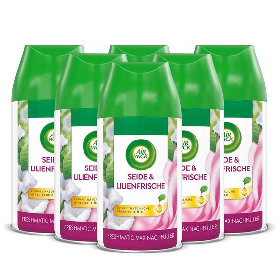 Air Wick Freshmatic Max Raumspray – Nachfüller für den Air Wick Freshmatic Max – Duft: Seide und Lilienfrische – 6 x 250 ml Nachfüller