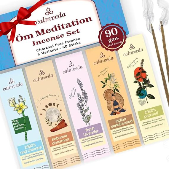 Calmveda Meditation weihrauch Räucherstäbchen Set - (90 gm Incense Sticks) Sauber,ohne Kohle räucherstäbchen Bio qualität | enthält Sandelholz, Lavendel, Patchouli, Nag Champa, Zimt räucherwerk