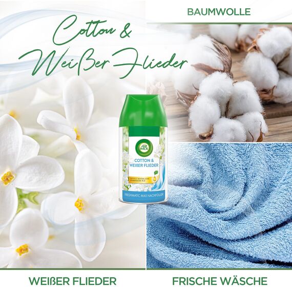 Air Wick Freshmatic Max Raumspray – Nachfüller für den Air Wick Freshmatic Max – Duft: Cotton und Weißer Flieder – 6 x 250 ml Nachfüller