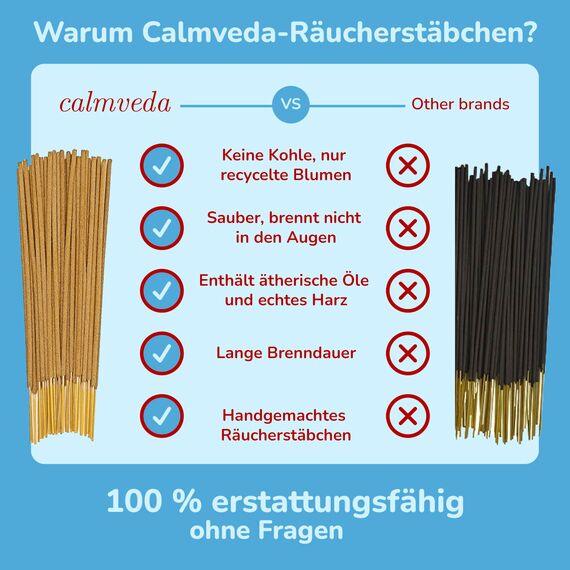 Calmveda Meditation weihrauch Räucherstäbchen Set - (90 gm Incense Sticks) Sauber,ohne Kohle räucherstäbchen Bio qualität | enthält Sandelholz, Lavendel, Patchouli, Nag Champa, Zimt räucherwerk