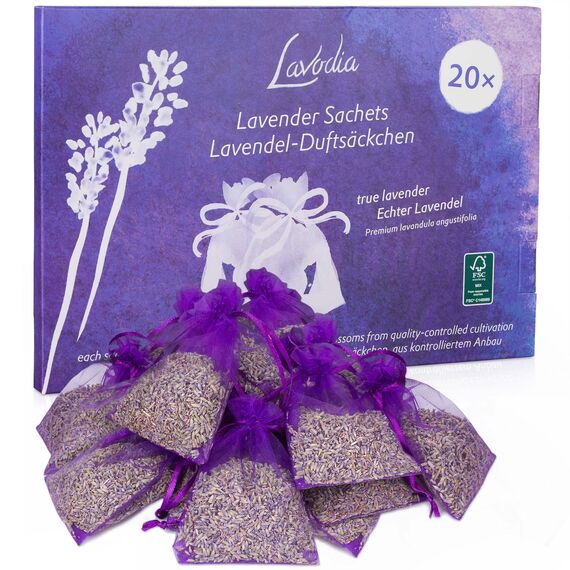 Lavodia Lavendelsäckchen mit Premium Lavendelblüten, zum Mottenschutz gegen Motten im Kleiderschrank oder als Lavendel Duftsäckchen zum Entspannen und Schlafen, 20 Lavendel Säckchen
