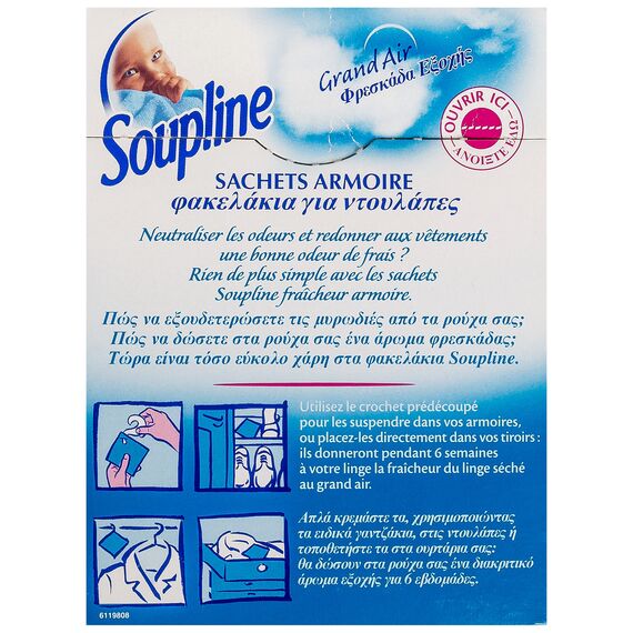 SOUPLINE - Schranktaschen — Frischluftduft — Waschparfüm für 6 Wochen — neutralisiert Gerüche (1 Packung mit 3 Beuteln)