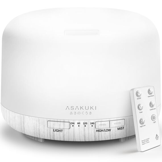 ASAKUKI Aroma Diffuser 500ML, Ultraschall Aromatherapie Diffusor für Ätherische Öle, Luftbefeuchter mit Fernbedienung, Automatische Abschaltung bei Wasserlosem Zustand, und 7 Arten LED Lichtfarben