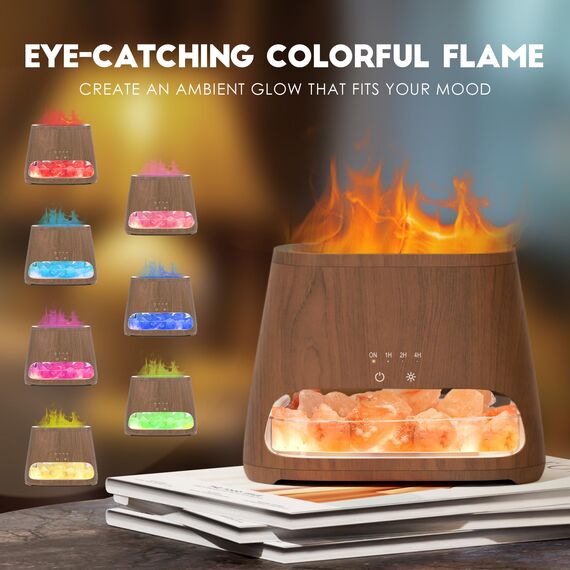 SALKING Aroma Diffuser mit Salt Range Pakistan Leuchte, 7 Farben LED Flammeneffekt Diffusor für ätherische Öle, Ultraschall Aromatherapie Luftbefeuchter, Automatisch Abschalten,150ml(RGB Dunkle)