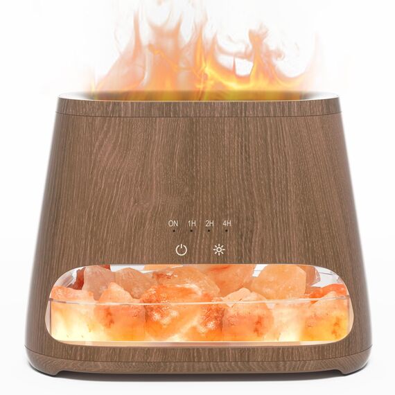 SALKING 2-in-1 Aroma Diffuser & Salt Range Pakistan Leuchte, Flammeneffekt Diffusor für ätherische Öle, Diffusor Kühler Nebel Luftbefeuchter mit 3-Helligkeit, 150ml(Dunkle Holz)