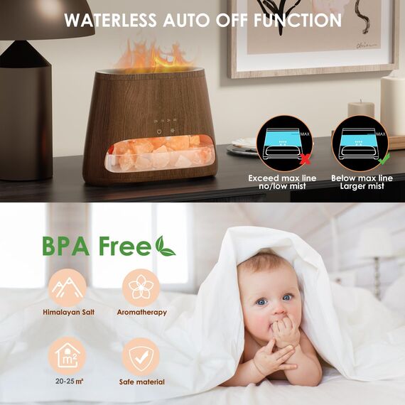 SALKING 2-in-1 Aroma Diffuser & Salt Range Pakistan Leuchte, Flammeneffekt Diffusor für ätherische Öle, Diffusor Kühler Nebel Luftbefeuchter mit 3-Helligkeit, 150ml(Dunkle Holz)