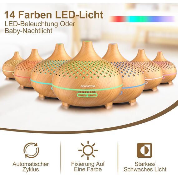 ZOVHYYA 500ML Aroma Diffuser Diffuser Ätherische Öle Mit 8 Ölen Aromatherapie-Diffuser Wenig Lärm Mit Fernbedienung 4 Timer 14 Farben 2 Sprühbilder