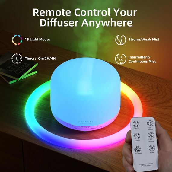 ASAKUKI Aroma Diffuser 500ML, Ultraschall Aromatherapie Diffusor für Ätherische Öle, Luftbefeuchter mit Fernbedienung, Automatische Abschaltung bei Wasserlosem Zustand, und 7 Arten LED Lichtfarben