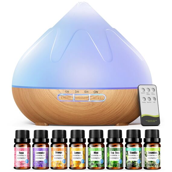 Aroma Diffusor Set für Ätherische Öle 500 ML, 8 x10 ML Ätherische Öle, Aromatherapie Diffuser Mit Fernbedienung,14 Farben LED Mit 4 Timer-Einstellung