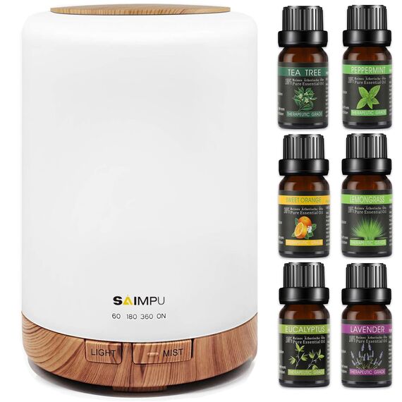 Aroma Diffuser, 300ML Luftbefeuchter mit 6 * 10ml Ätherische Öle Set, Leise Ultraschall DuftöL Diffuser, Wasserlose Abschaltautomatik, 7 Farben LED Öle Diffusor Aromatherapie für Raum, Büro, Yoga, Spa