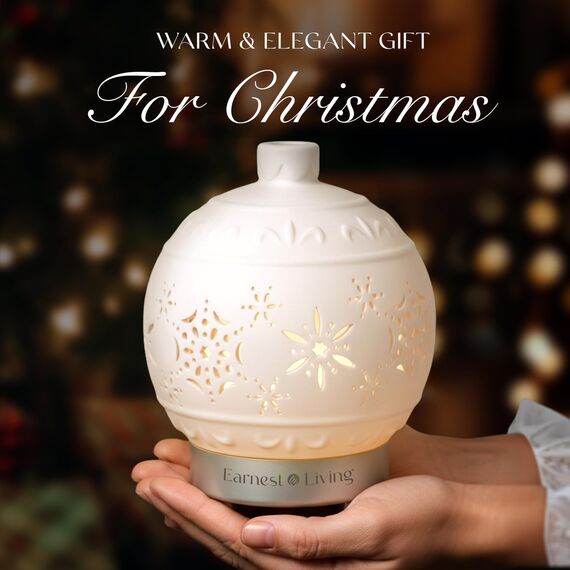 Earnest Living Weihnachtskugel Aroma Diffuser Weiß Keramik 100 ml, 7 Farben Licht, Timer, Auto Abschaltung, Ultraschall Luftbefeuchter & Aromatherapie Diffuser Deko
