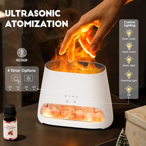 SALKING Aroma Diffuser mit Salt Range Pakistan Leuchte, 7 Farben LED Flammeneffekt Diffusor für ätherische Öle, Ultraschall Aromatherapie Luftbefeuchter, Automatisch Abschalten,150ml(RGB Weiß)