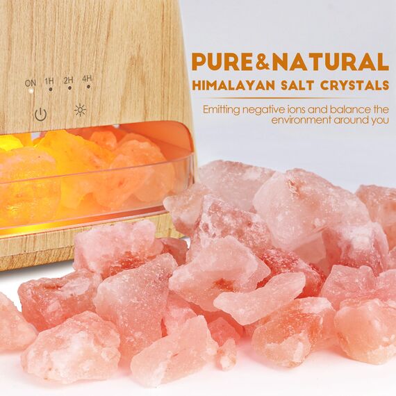 SALKING Aroma Diffuser mit Salt Range Pakistan Leuchte, 7 Farben LED Flammeneffekt Diffusor für ätherische Öle, Ultraschall Aromatherapie Luftbefeuchter, Automatisch Abschalten,150ml(RGB Holzmaserung)