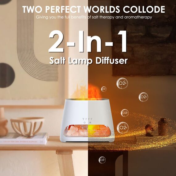 SALKING 2-in-1 Aroma Diffuser & Salt Range Pakistan Leuchte, Flammeneffekt Diffusor für ätherische Öle, Diffusor Kühler Nebel Luftbefeuchter mit 3-Helligkeit, 150ml(Weiß)
