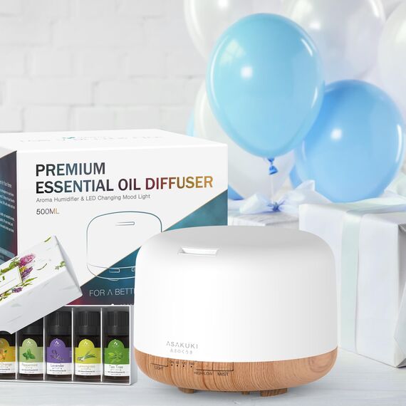 ASAKUKI 500mL Aroma Diffuser für ätherische öle, Enthält 6 ätherische Öle, Luftbefeuchter mit Timer, Automatische Abschaltung bei Wasserlosem Zustand, und 7 Arten LED Lichtfarben