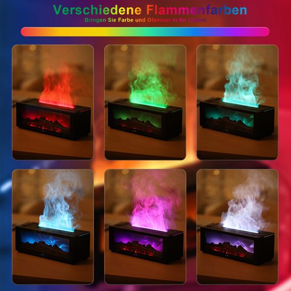 Holwim Aroma Diffuser mit LED Kamin, Duftöl Diffusor für Ätherische Öle mit 7-Farben-Licht Flammeneffekt, 150ml Luftbefeuchter mit Fernbedienung, 4 Timer, Wasserlose Abschaltautomatik (Satz)