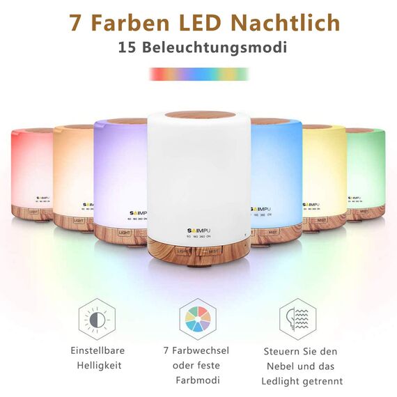 Aroma Diffuser, 300ML Luftbefeuchter mit 6 * 10ml Ätherische Öle Set, Leise Ultraschall DuftöL Diffuser, Wasserlose Abschaltautomatik, 7 Farben LED Öle Diffusor Aromatherapie für Raum, Büro, Yoga, Spa