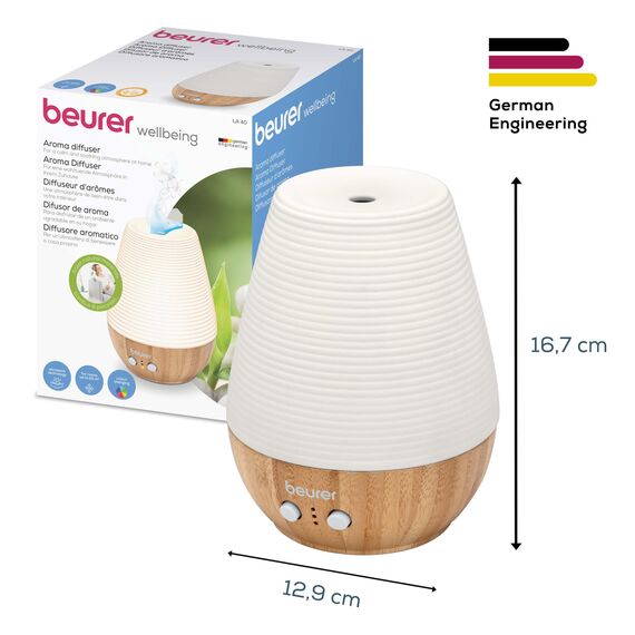 Beurer LA 40 Aroma Diffuser, Duft-Vernebler mit Ultraschall-Zerstäubung, mit Wellnesslicht und Farbwechsel, aus Holz und Porzellan, für Räume bis 20m2