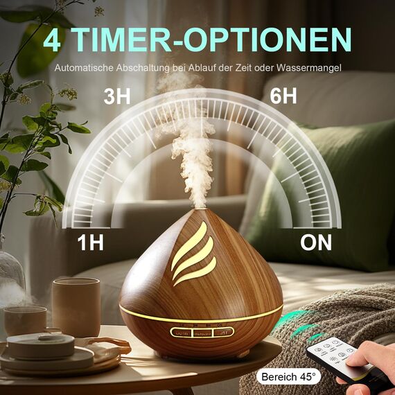 PureMist Aroma Diffuser 500ml für Ätherische Öle: Ultraschall Luftbefeuchter Schlafzimmer mit Fernbedienung - Lufterfrischer mit 14-farbigem LED & 4 Timer