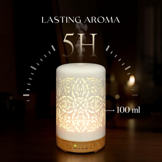 Earnest Living Aroma Diffuser für Ätherische Öle 100 ml - Weißer Keramik Raumduft Duftöl Diffuser - Elektrische Duftlampe, Luftbefeuchter, Nachttischlampe - 7 Lichtfarben, Timer, Abschaltautomatik