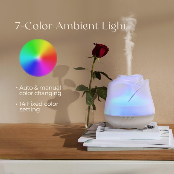 Earnest Living Rosen Aroma Diffuser 150 ml – Mini Ultraschall Duftdiffusor für ätherische Öle, leiser USB-Luftbefeuchter mit 7 LED-Farben, Auto-Off & BPA-frei – für Schlaf & Entspannung – Matt weiß