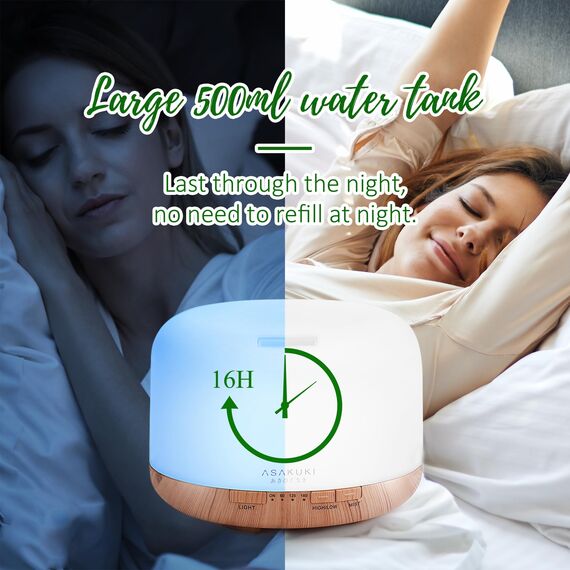 ASAKUKI 500mL Aroma Diffuser für ätherische öle, Enthält 6 ätherische Öle, Luftbefeuchter mit Timer, Automatische Abschaltung bei Wasserlosem Zustand, und 7 Arten LED Lichtfarben