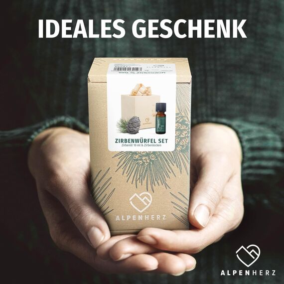 Alpenherz Zirbenwürfel Set mit Zirbenöl 10 ml naturrein aus Österreich Zirbenholz Würfel Duftspender Zirben Duft Holz Deko Zirbe Diffusor Diffuser Geschenke Zirbelkiefer Zirbenlüfter Zirbenset Kerze