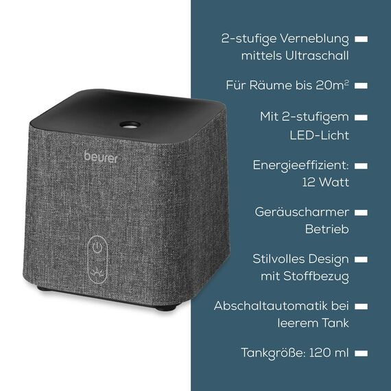 Beurer LA 35 Aroma Diffuser, zur Raumbeduftung für Räume bis 20 m², mikrofeine Zerstäubung mit Ultraschall, mit LED Licht, geräuscharm und energiesparend, Abschaltautomatik