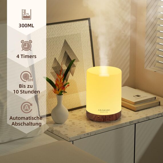 ASAKUKI Aroma Diffuser 300ml für Duftöle, 5 In 1 Ultraschall Aromatherapie Diffusor, Luftbefeuchter mit Timer, Automatischer Abschaltung bei Wasserlosem Zustand Braun