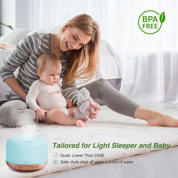 ASAKUKI 500mL Aroma Diffuser für ätherische öle, Enthält 6 ätherische Öle, Luftbefeuchter mit Timer, Automatische Abschaltung bei Wasserlosem Zustand, und 7 Arten LED Lichtfarben