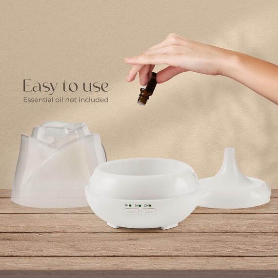 Earnest Living Rosen Aroma Diffuser 150 ml – Mini Ultraschall Duftdiffusor für ätherische Öle, leiser USB-Luftbefeuchter mit 7 LED-Farben, Auto-Off & BPA-frei – für Schlaf & Entspannung – Matt weiß