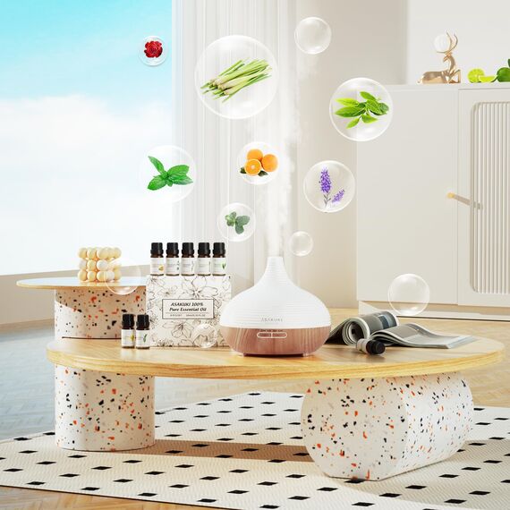 ASAKUKI 300ml Aroma Diffuser, Ultraschall Luftbefeuchter mit 8 * 10ml Ätherische Öle Set Diffusor, 14 Farben LED, 23dB Cool Mist Raumbefeuchter, Yoga, SPA, Zuhause Gelb