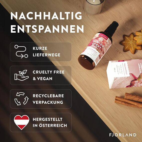 FJORLAND Weihnachtsduft Spray 100 ml - Raumduft Weihnachten enthält natürliches Zimt & Nelkenblattöl - Raumspray Weihnachten mit Zimt und Lebkuchen Duft - Winterspray