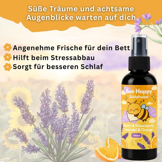 Bee Happy Kissenspray 100ml – Bio Lavendel-Orangen mit ätherischen Ölen. Frischer Duft für Kissen, Bett & Schrank. Ideal für Yoga, Entspannung, Konzentration & als Raumspray.