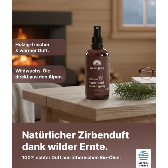Emma Grün® Zirbenspray & Zirbenduft 100ml [AUS WILDWUCHS] - Raumspray & Kissenspray mit Naturreinem Pinus Cembra - Natürliches Zirbenspray für Auto Duft, Raumduft & für Zirben Produkte