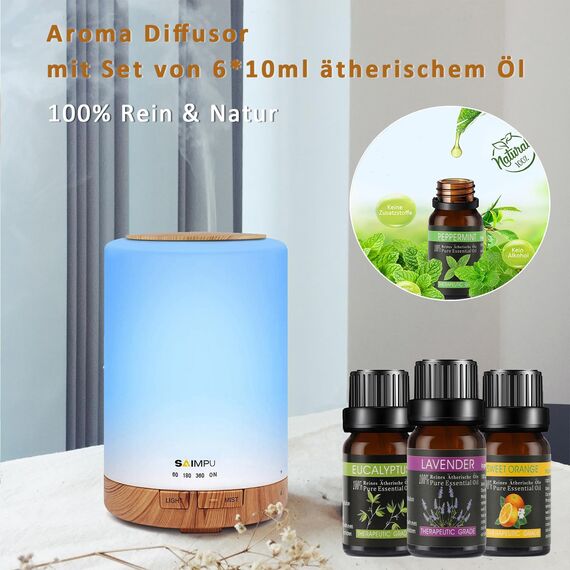 Aroma Diffuser, 300ML Luftbefeuchter mit 6 * 10ml Ätherische Öle Set, Leise Ultraschall DuftöL Diffuser, Wasserlose Abschaltautomatik, 7 Farben LED Öle Diffusor Aromatherapie für Raum, Büro, Yoga, Spa
