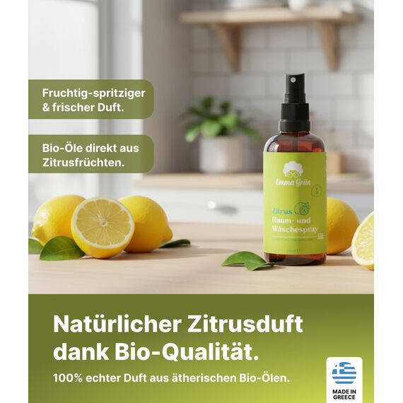 Emma Grün® Zitrus Raumspray 3x 100ml [BIO-QUALITÄT] - Zitrus Spray Geruchsneutralisierer & Textilerfrischer - Zitronen Raumspray - Zitronenöl & Orangenöl - Lufterfrischer für Autoduft & WC Duft