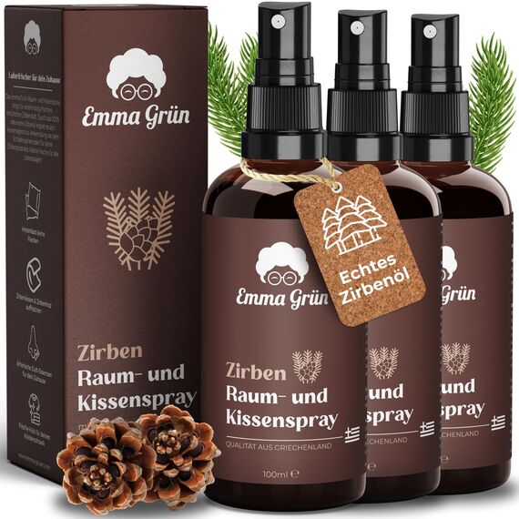 Emma Grün® Zirbenspray & Zirbenduft 3x 100ml [AUS WILDWUCHS] - Raumspray & Kissenspray mit Naturreinem Pinus Cembra - Natürliches Zirbenspray für Auto Duft, Raumduft & für Zirben Produkte