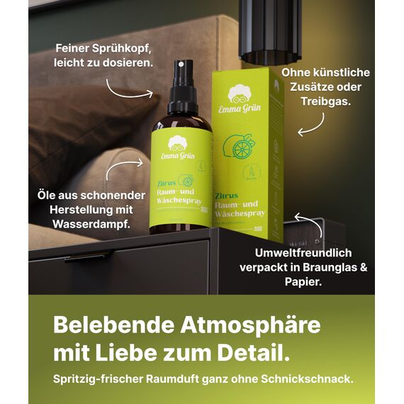 Emma Grün® Zitrus Raumspray 100ml [BIO-QUALITÄT] - Zitrus Spray Geruchsneutralisierer & Textilerfrischer - Zitronen Raumspray - Zitronenöl & Orangenöl - Lufterfrischer für Autoduft & WC Duft