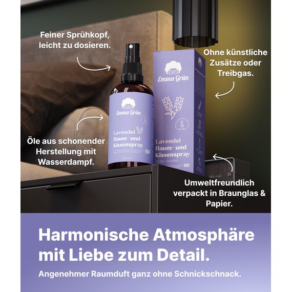 Emma Grün® Lavendelspray & Kissenspray 100ml [BIO-QUALITÄT] - Lavendelspray für Kopfkissen - Mit Naturreinem Lavandula Angustifolia - Lavendel Kissenspray zum Einschlafen - Lavendelöl Spray