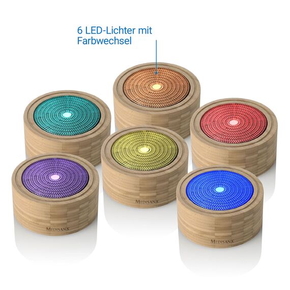 Medisana AD 625 Aroma Diffuser, Duftöl Diffusor für ätherische Öle, Duftlampe mit Wellness-Licht in 6 Farben, Luftbefeuchter für Wohnzimmer, Schlafzimmer, Büro, Raumbefeuchter 100 ml