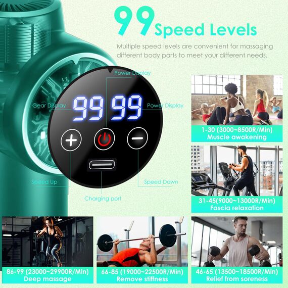 Bizcasa Massagepistole,Muskel Massagegerät mit 99 Geschwindigkeiten,8 Massageköpfen LCD Touchscreen 29900 U/min,Massage Gun mit USB C und Aufbewahrungsbox,für Massage Muskelentspannung (Grün)