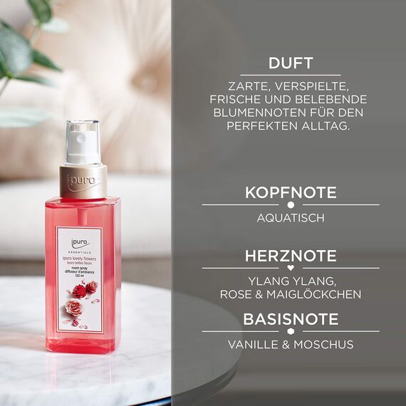 ipuro - erfrischendes ipuro lovely flowers Raumspray - dezentes Duftspray mit frischen & blumigen Noten - stilvolles Room Fragrance für ein puristisches Dufterlebnis in jedem Raum 120 ml