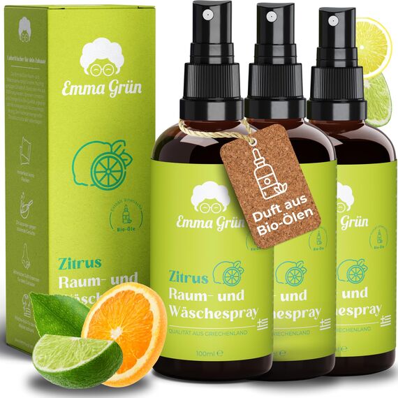 Emma Grün® Zitrus Raumspray 3x 100ml [BIO-QUALITÄT] - Zitrus Spray Geruchsneutralisierer & Textilerfrischer - Zitronen Raumspray - Zitronenöl & Orangenöl - Lufterfrischer für Autoduft & WC Duft