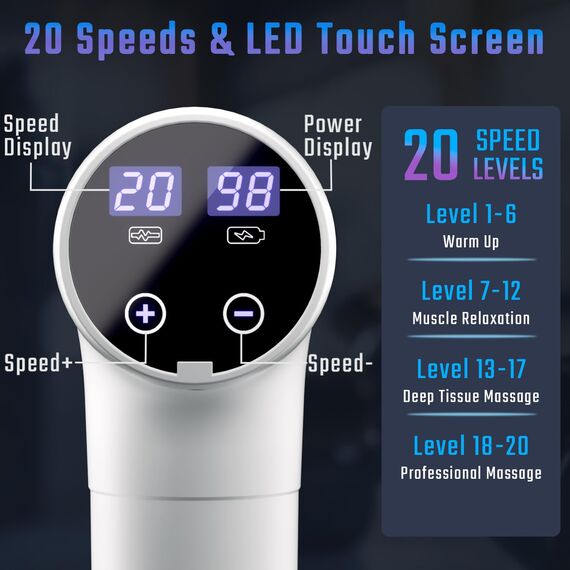 Massagepistole, Muskel Percussion Massagegerät, Massage Gun mit LED-Touchscreen, 20 Geschwindigkeiten, 9 Massageköpfe, Tragetasche, Leise Elektrische Massage Pistole, Geschenk für Männer & Frauen