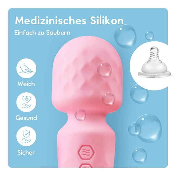 Mini Starke Massagestab, Silikon Massagegerät mit 10 Vibrationsmodi, Wasserdichte Wiederaufladbare Tragbare Klein Vibrations Massager, Leises Kabelloser Handmassagegerät, Geschenk für Frauen Rosa