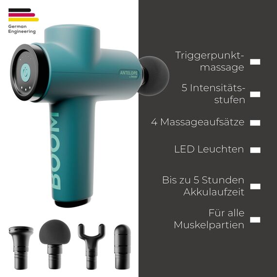 Beurer Antelope BOOM Massagepistole, kompakte Massage Gun mit 4 Aufsätzen, für Entspannung und Regeneration, kraftvolle Triggerpunktmassage, Muskelmassagegerät mit 5 Intensitätsstufen & Akku