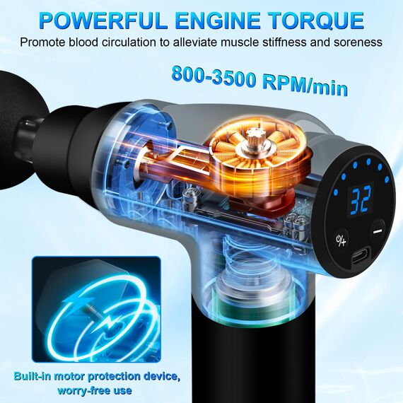 BUOAZR Massagepistole, Mini Muskel Massage Pistole mit 32 Geschwindigkeiten bis zu 3500U/min und 6 Massageköpfen, Elektrisches Massagepistole mit LCD-Bildschirm zur Muskel Entspannen (Schwarz, 6)