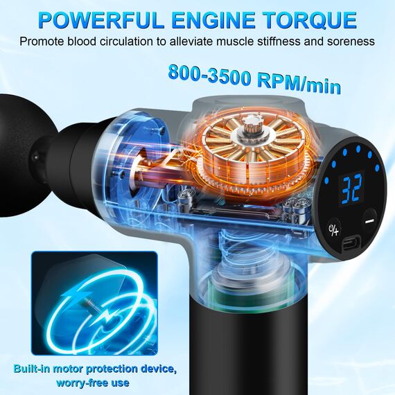 BUOAZR Massagepistole, Mini Muskel Massage Pistole mit 32 Geschwindigkeiten bis zu 3500U/min und 6 köpfen, Elektrisches Massagepistole mit LCD-Bildschirm zur Muskel Massage Entspannen (Schwarz, 6)